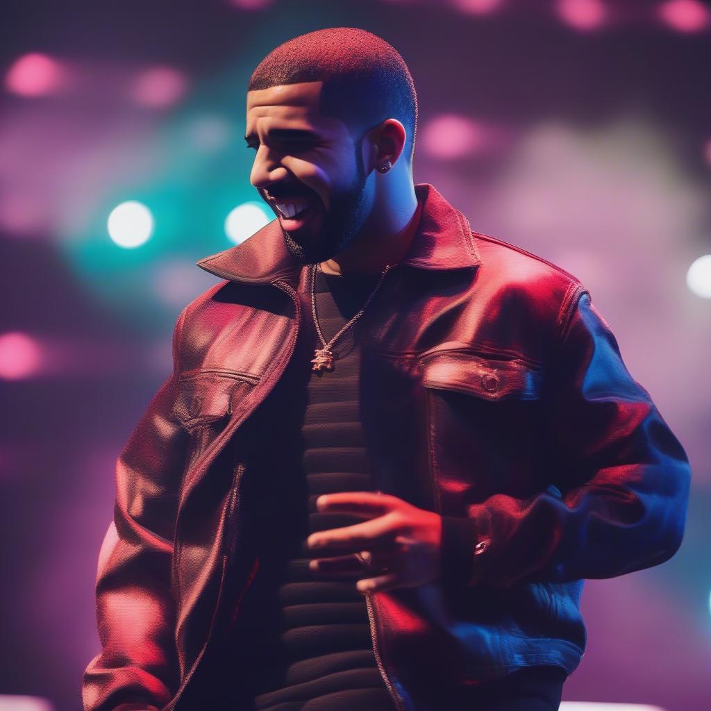 Drake performing live in concert, engaging with his fans and showcasing his stage presence.