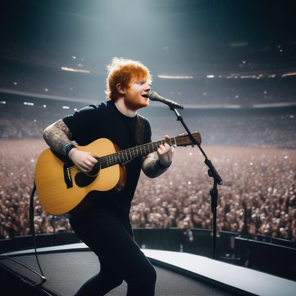 Ed Sheeran Performing Live - On stage in a large stadium with vibrant lighting and a large crowd