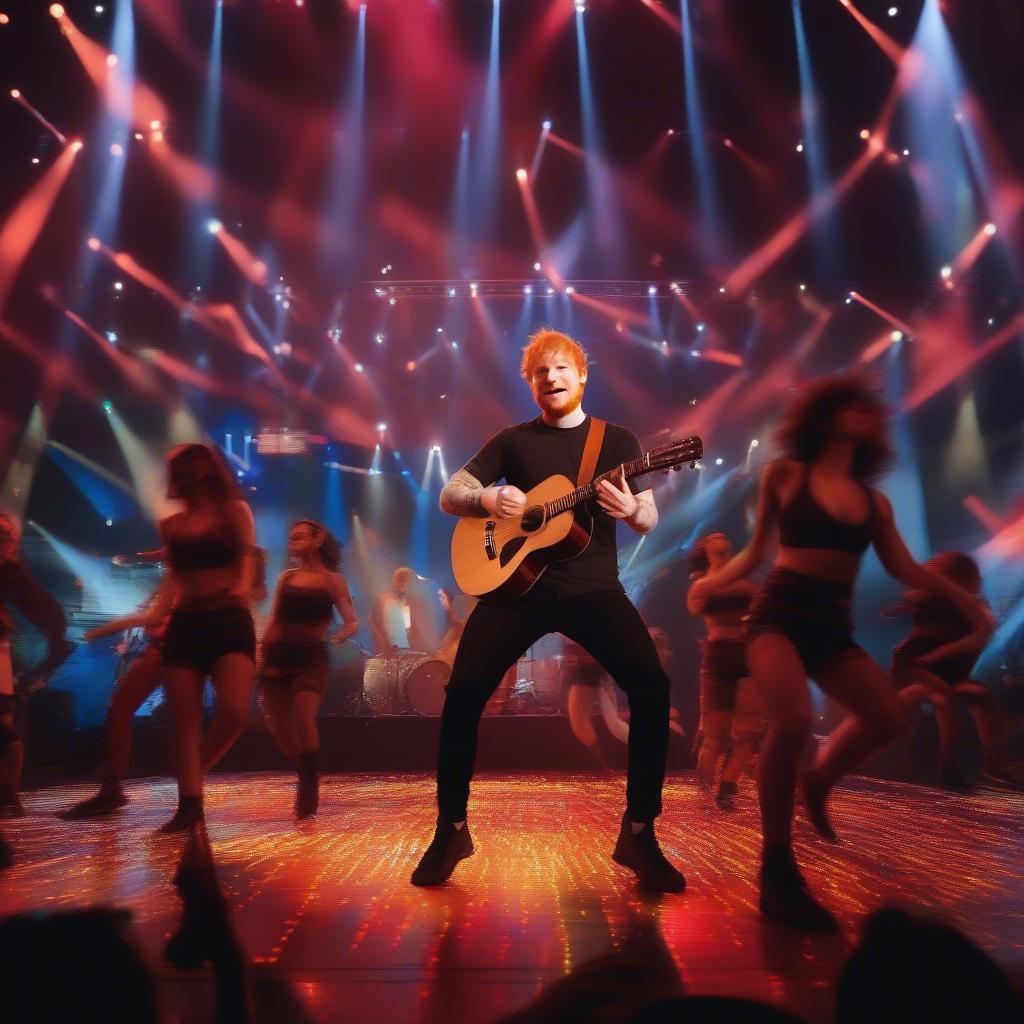 Ed Sheeran performing "Shape of You" live on stage with energetic dancers