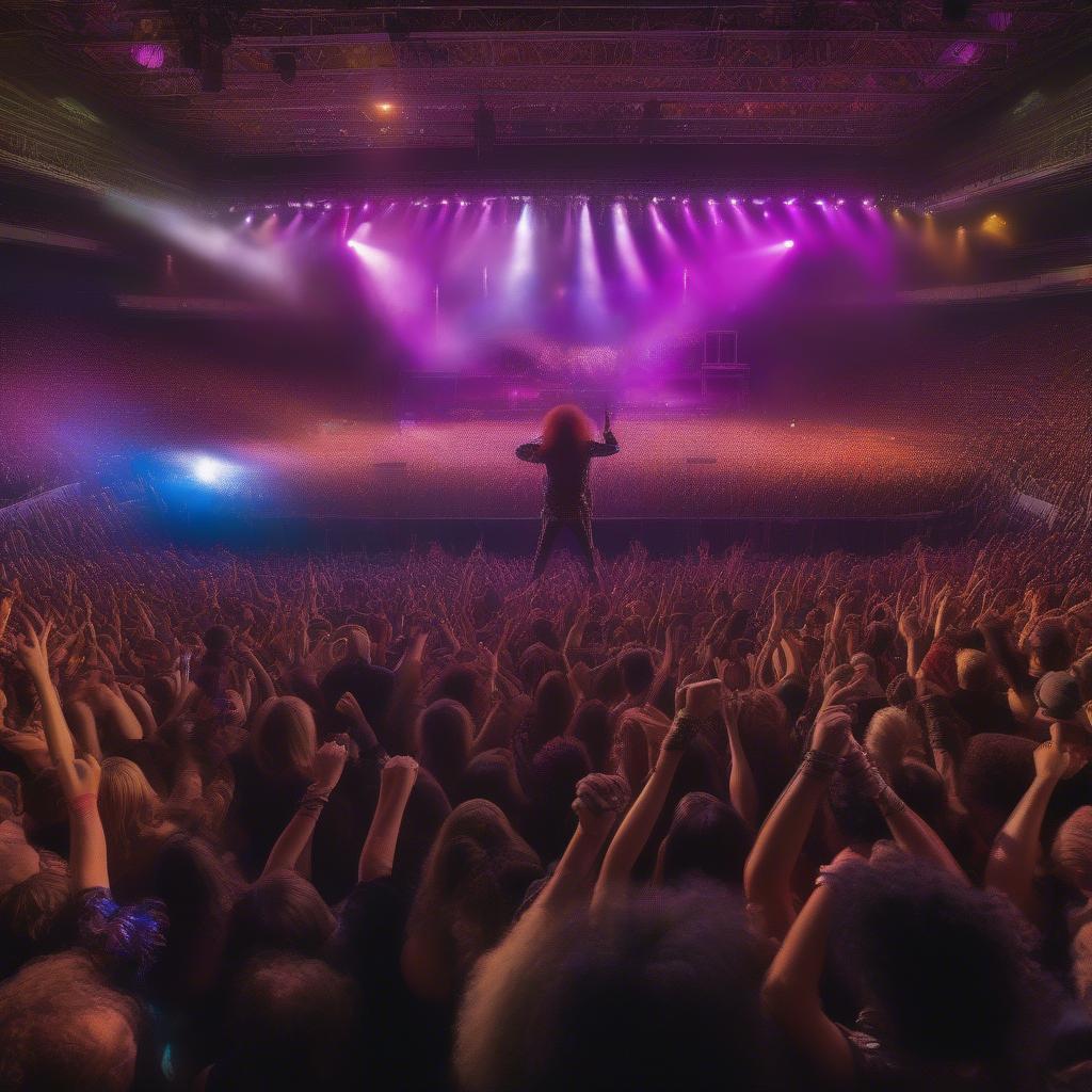 Crowd cheering at a hair metal concert in the 80s