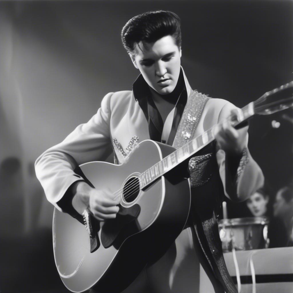 Elvis Presley's Early Rock and Roll Years: A black and white photograph of a young Elvis Presley performing on stage with his guitar.