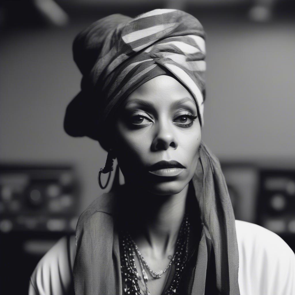 Erykah Badu posing in a recording studio, showcasing her iconic style