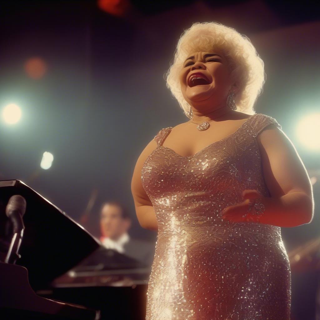 Etta James delivering a captivating live performance, commanding the stage with her dynamic presence and engaging the audience with her soulful vocals.