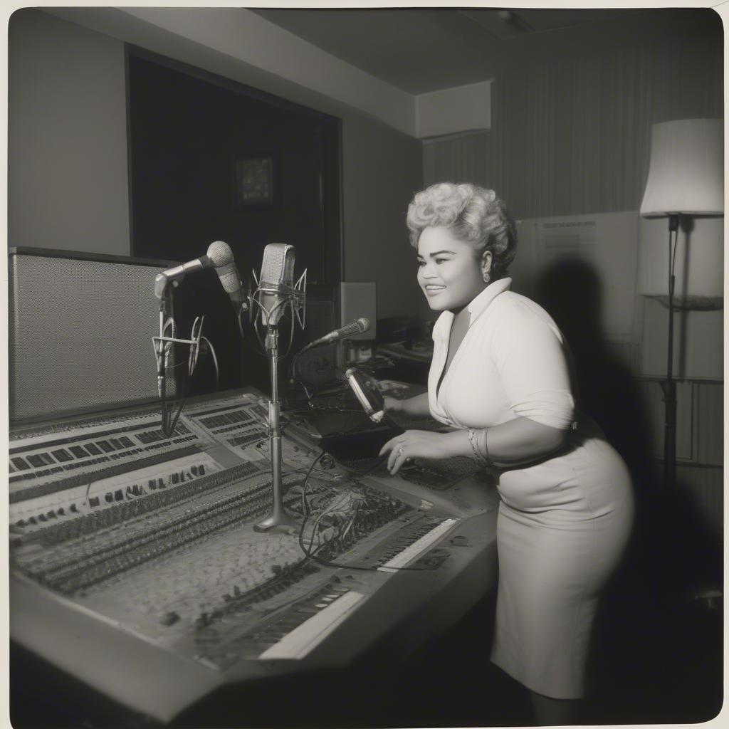 Etta James in a recording studio, engrossed in capturing the perfect vocal take for one of her iconic songs. She's wearing headphones and holding a microphone, her expression focused and intense.