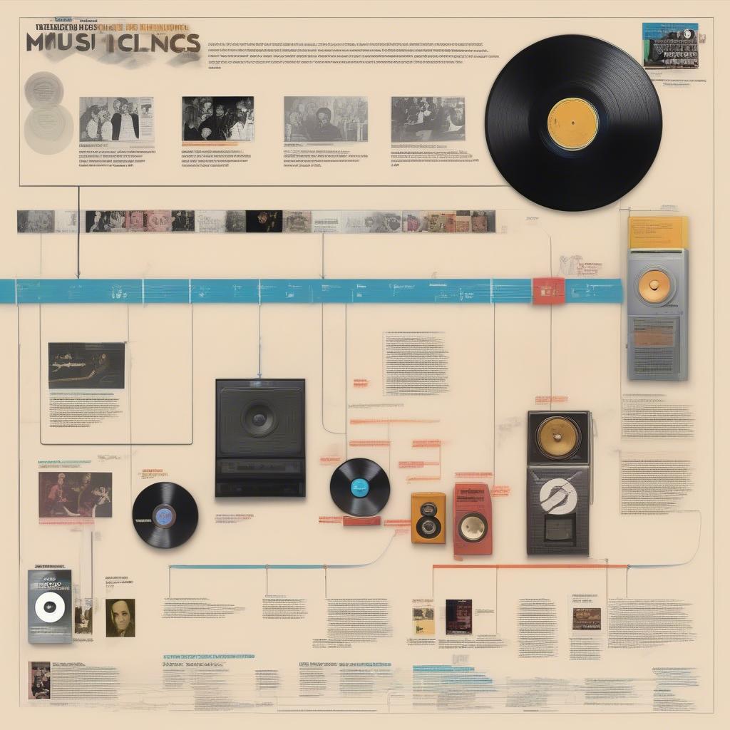 Evolution of Music Charts - A timeline showcasing the evolution of music charts through different eras, starting from the early days of radio to the current digital streaming age. Each era is represented by iconic images of musicians, music formats like vinyl records and cassette tapes, and devices like radios and smartphones.