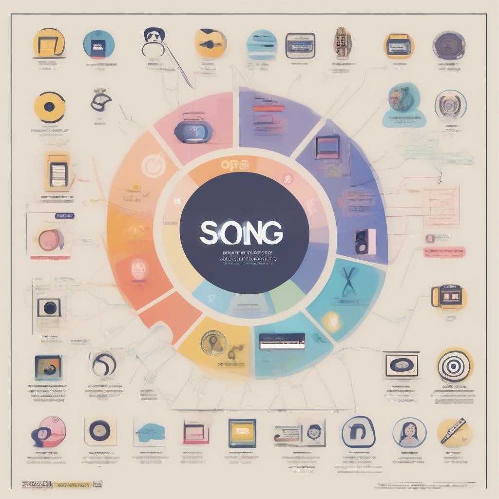 Factors Influencing Chart-Topping Songs - A visual representation of the key elements contributing to a song's success on music charts, such as radio airplay, digital downloads, streaming activity, social media engagement, music video impact, and artist popularity.