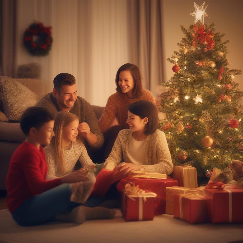 Family Enjoying Christmas Music: A Family Gathered Around a Christmas Tree, Listening to Festive Music and Opening Presents