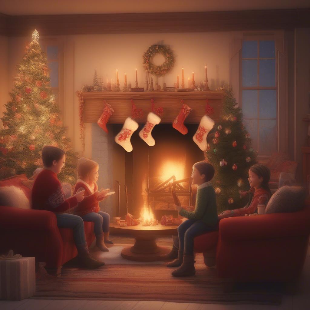 Family gathered around a warm fireplace, singing Christmas carols together