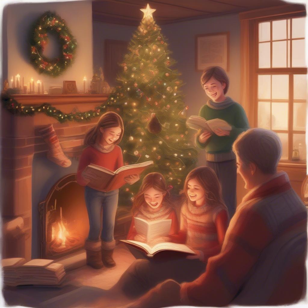 Family Singing Christmas Carols Around a Fireplace