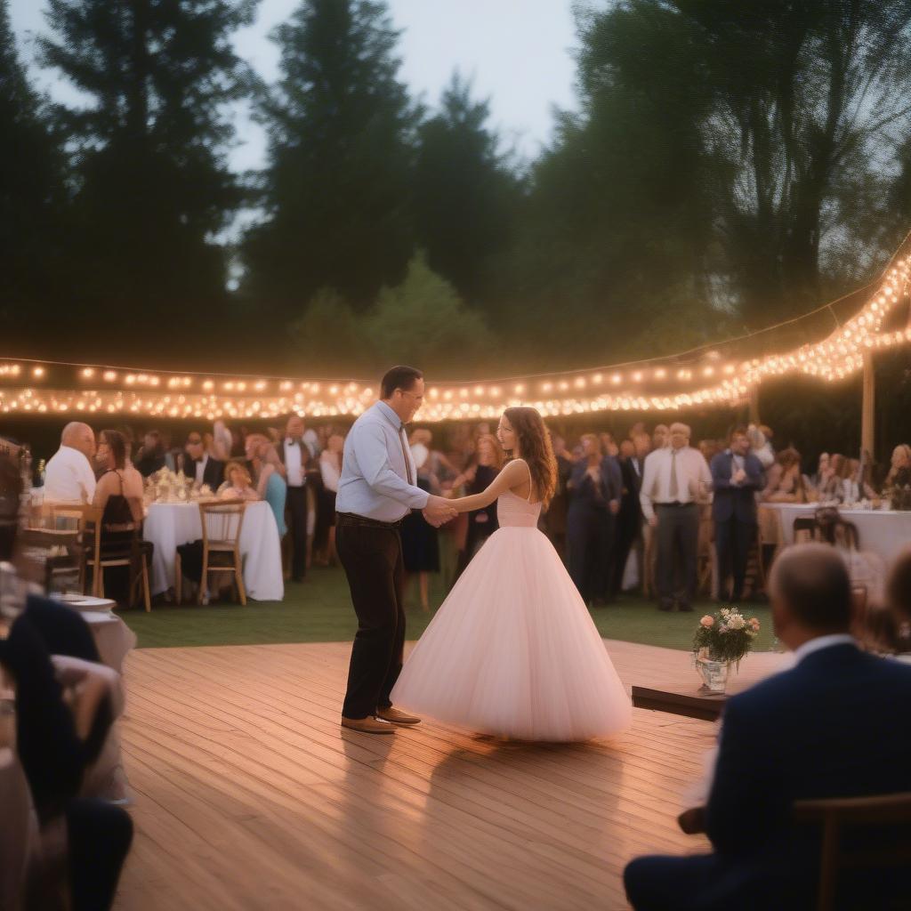 Father and daughter dancing at a modern, outdoor wedding.