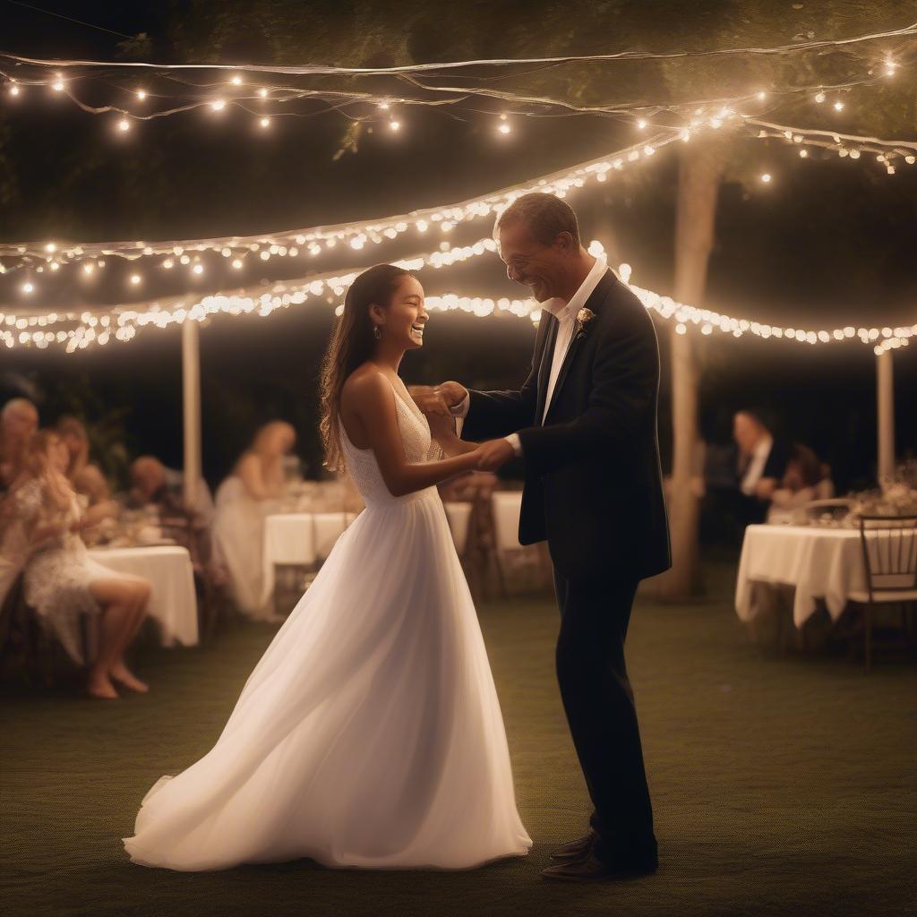 Father and daughter dancing at an outdoor wedding