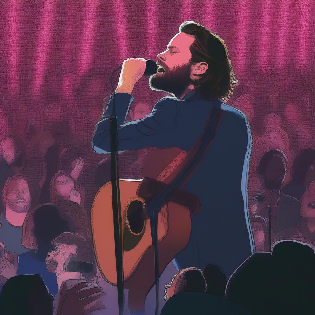 Father John Misty performing at Rock the Garden 2018, captivating the audience with his unique stage presence and lyrical prowess.