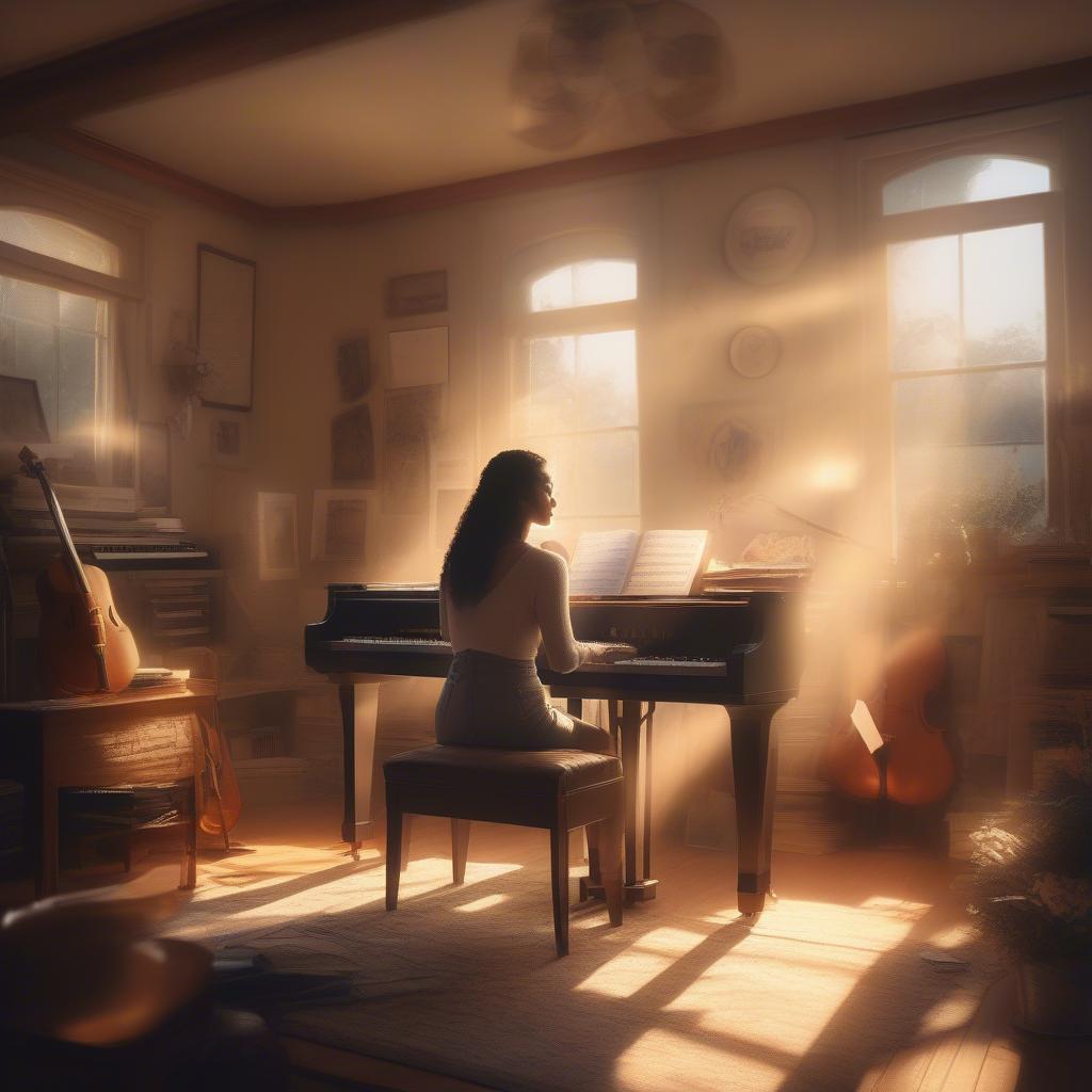 A female singer-songwriter composing music at her piano in a home studio, surrounded by musical instruments, in 2019.