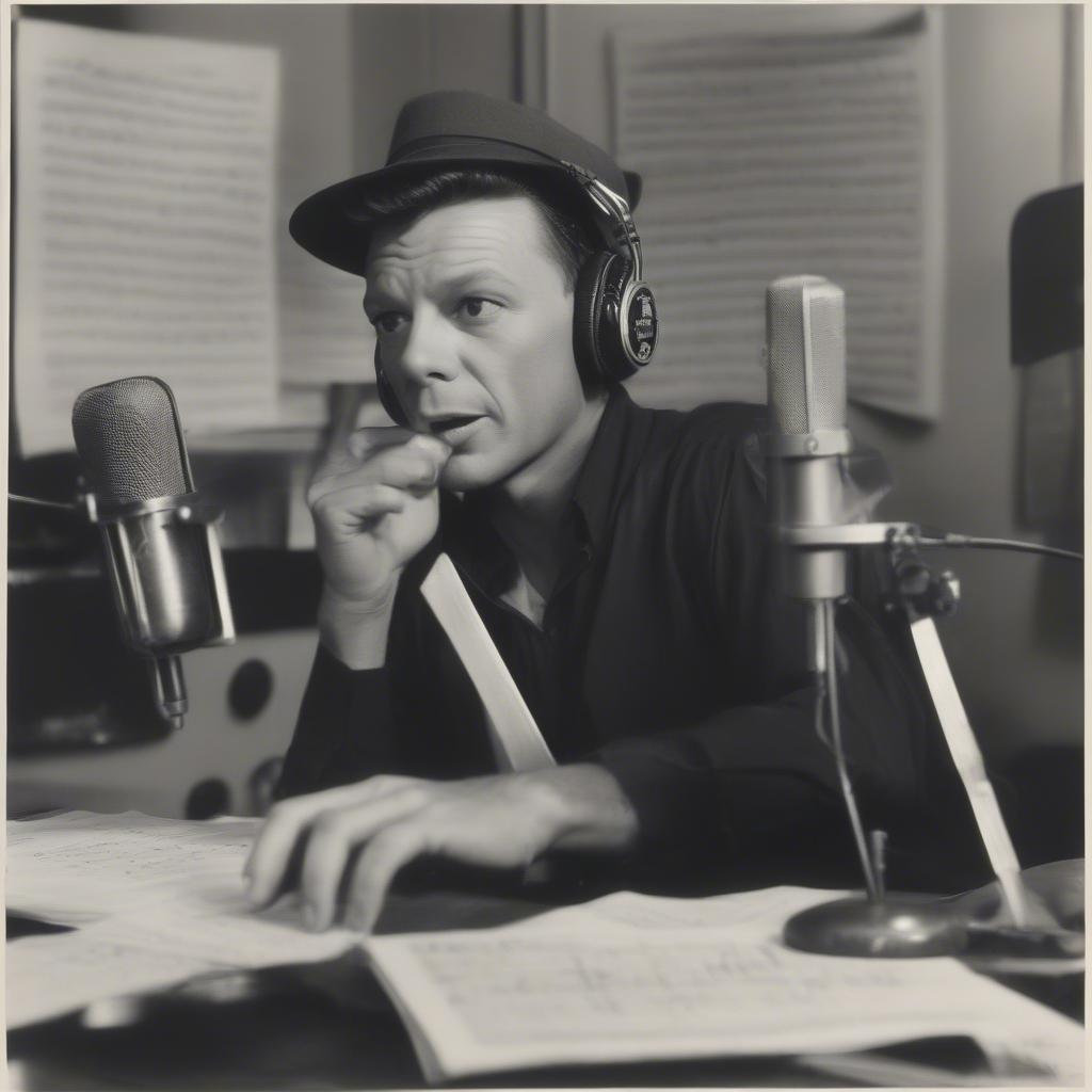 Frank Sinatra in a recording studio, wearing headphones and singing into a vintage microphone, surrounded by sheet music and instruments.