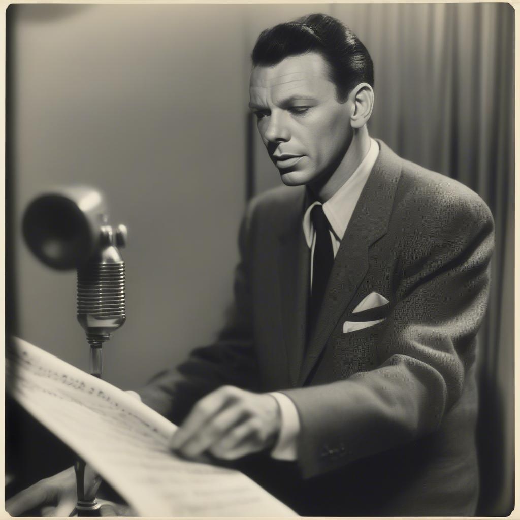 Frank Sinatra in a recording studio, wearing headphones and holding sheet music, focused on the microphone.