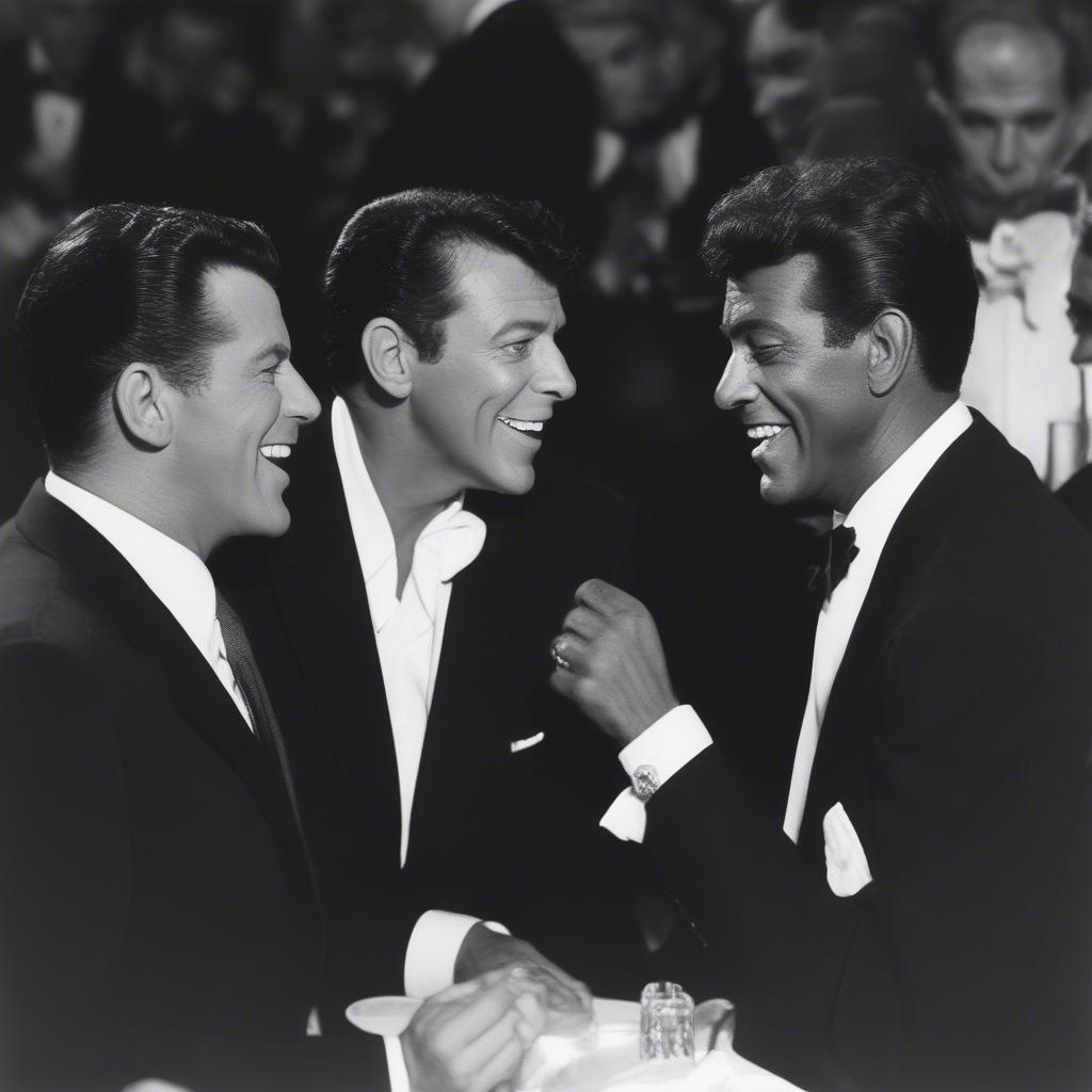 Frank Sinatra performing on stage with members of the Rat Pack, Dean Martin and Sammy Davis Jr.