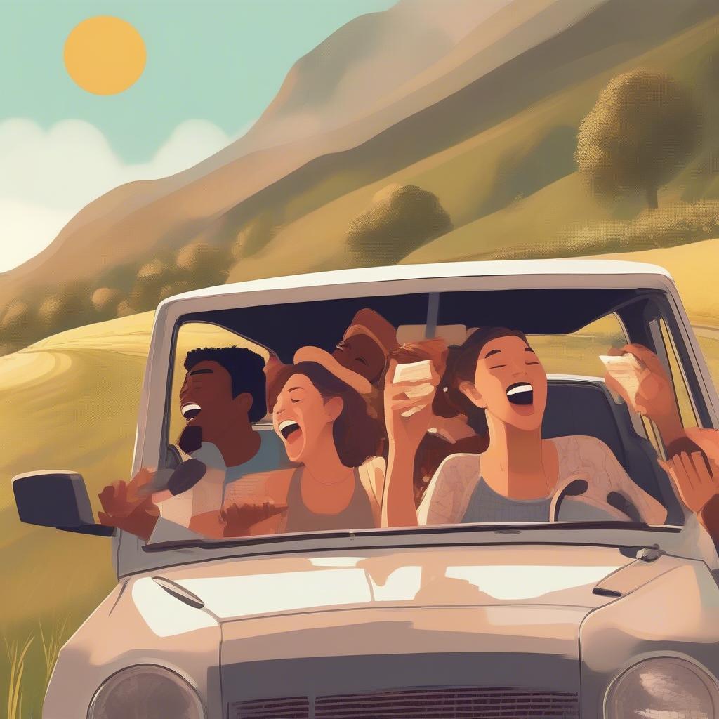 Friends on a road trip, enjoying music and the summer scenery.