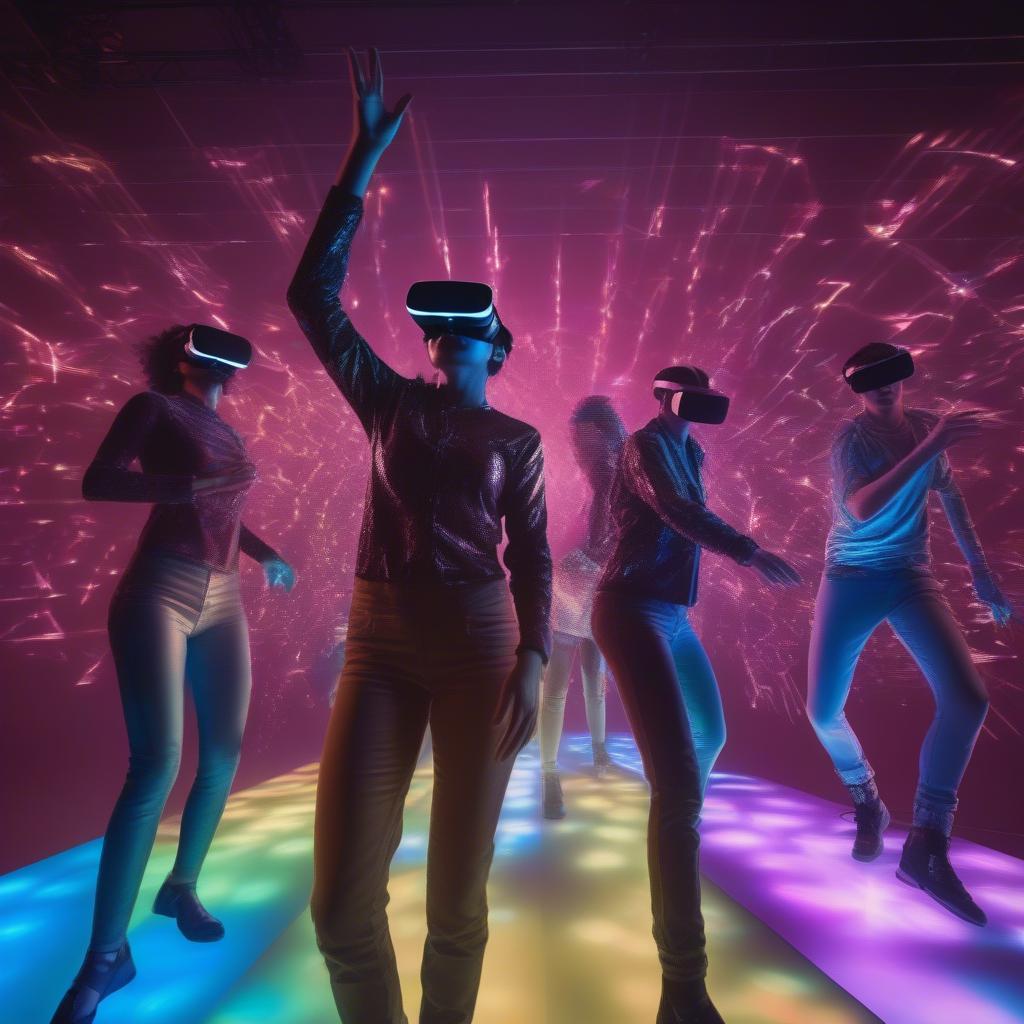 People experiencing a virtual reality concert with dynamic visuals and energetic dancers.