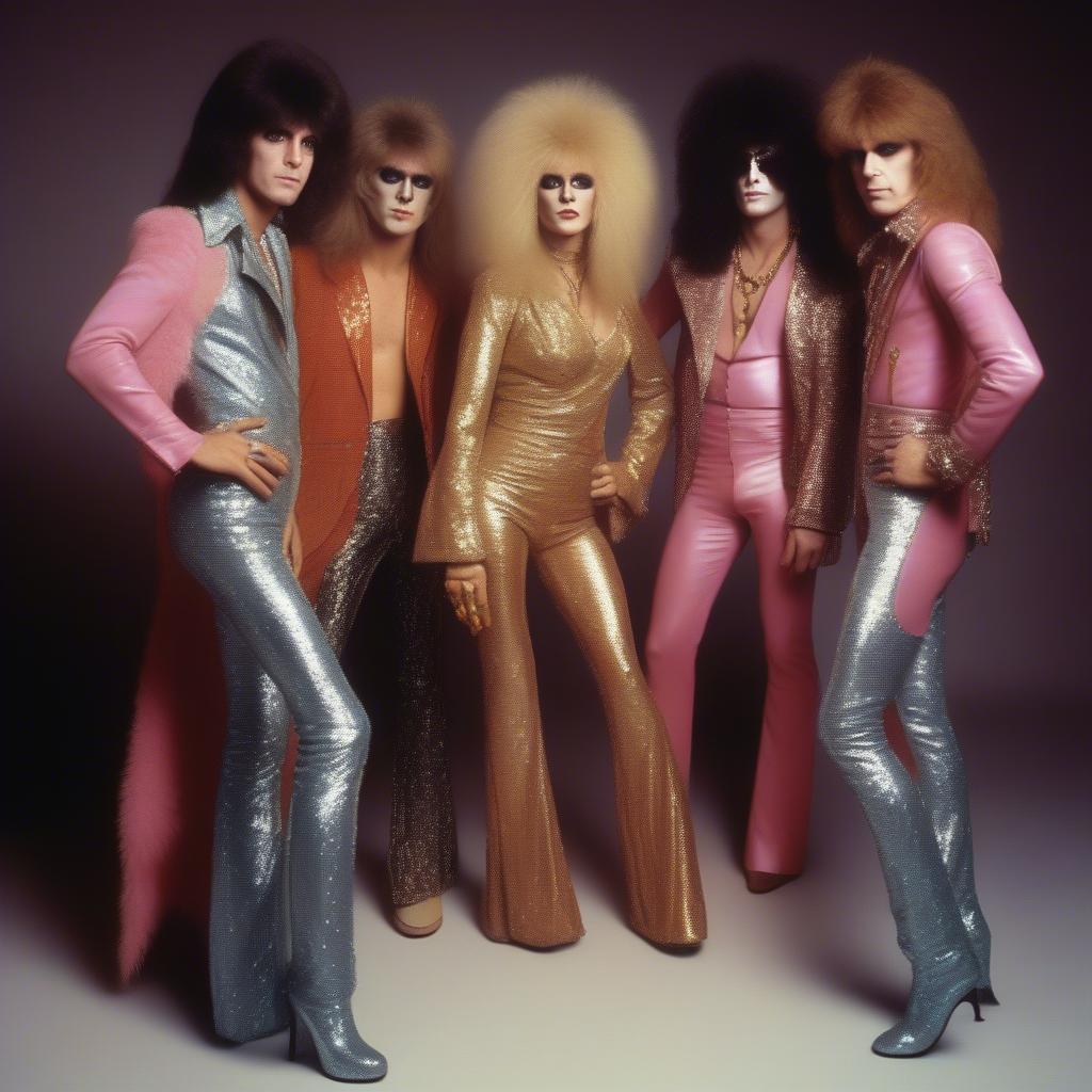 Glam Rock Fashion in the Seventies: Musicians dressed in flamboyant outfits and makeup.