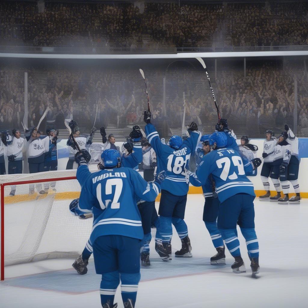 Hockey Players Celebrating a Goal with Music