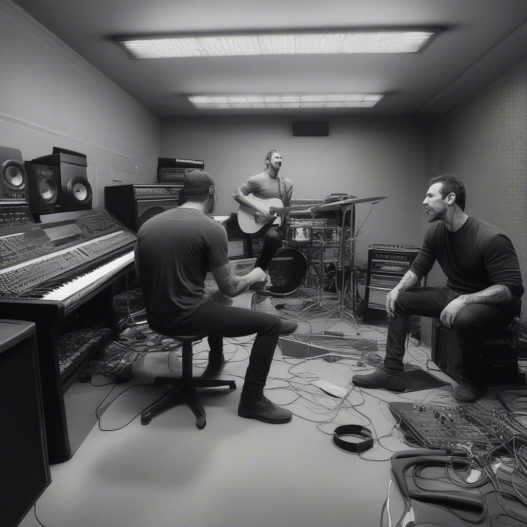 Godsmack band members in a recording studio working on new music