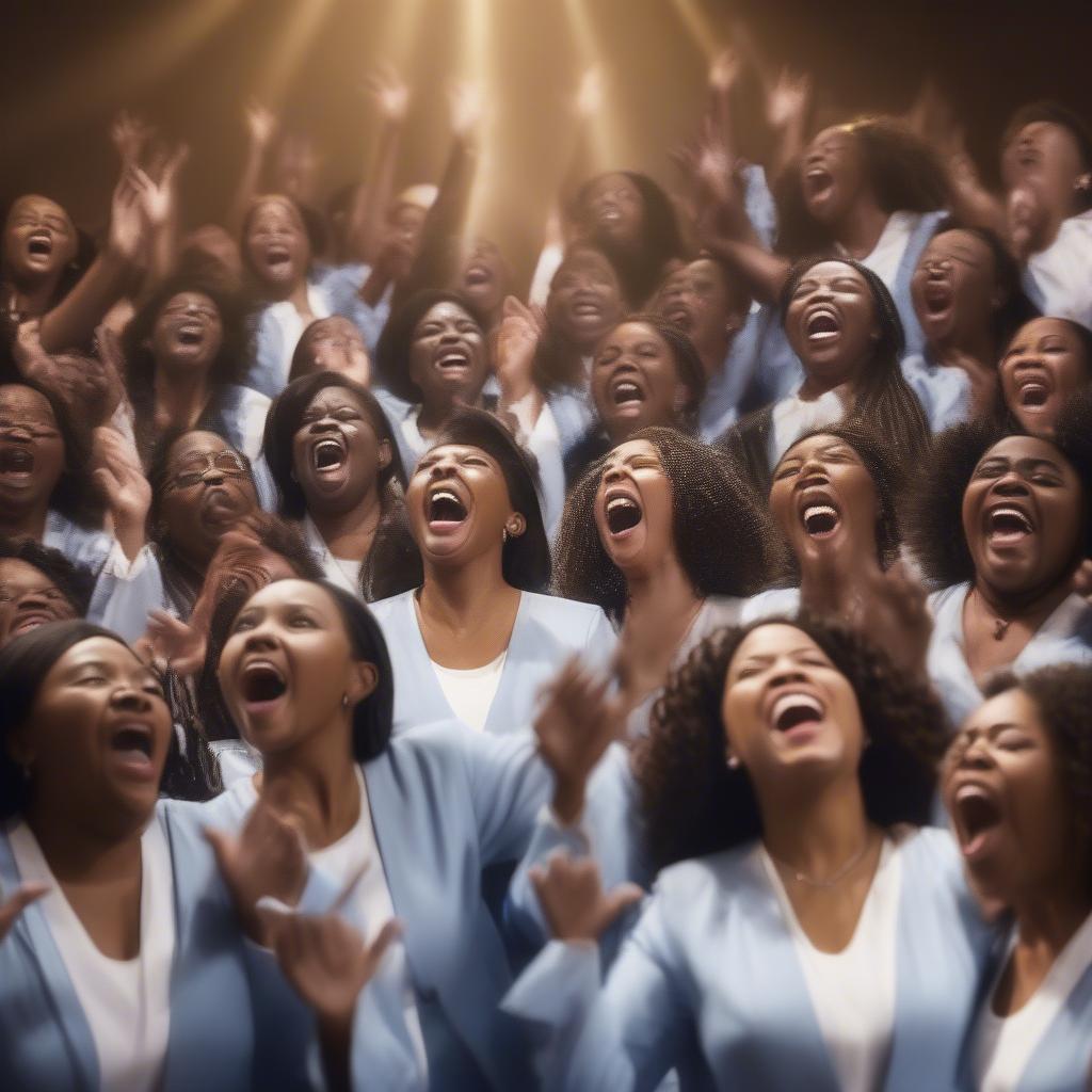 A vibrant gospel choir performing on stage with passionate energy and joyful expressions.