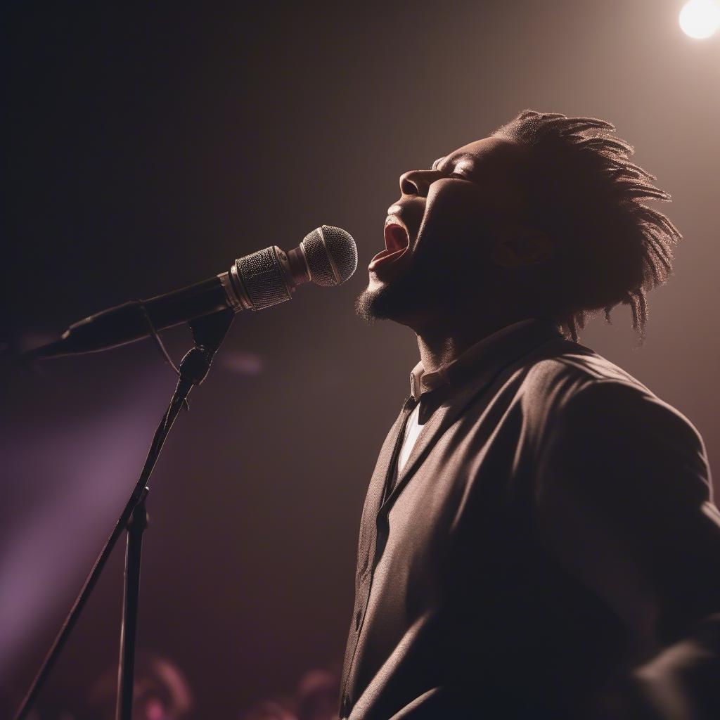 A gospel singer performing with a band on a brightly lit stage.