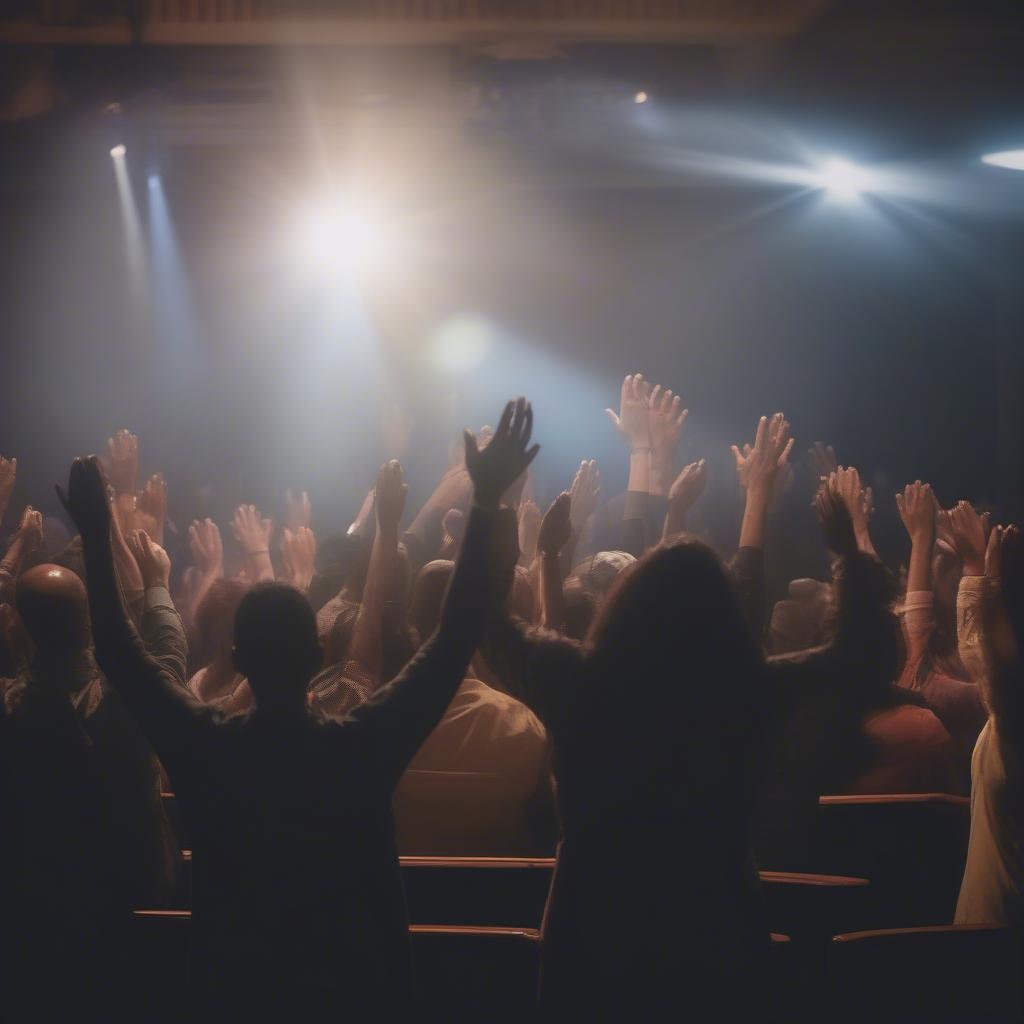 People raising their hands in worship during a gospel music service