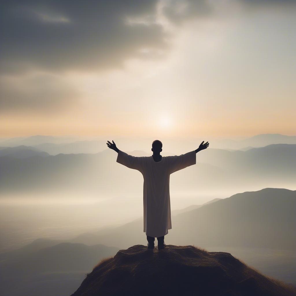 A solo gospel singer with arms outstretched on a mountaintop, overlooking a vast landscape