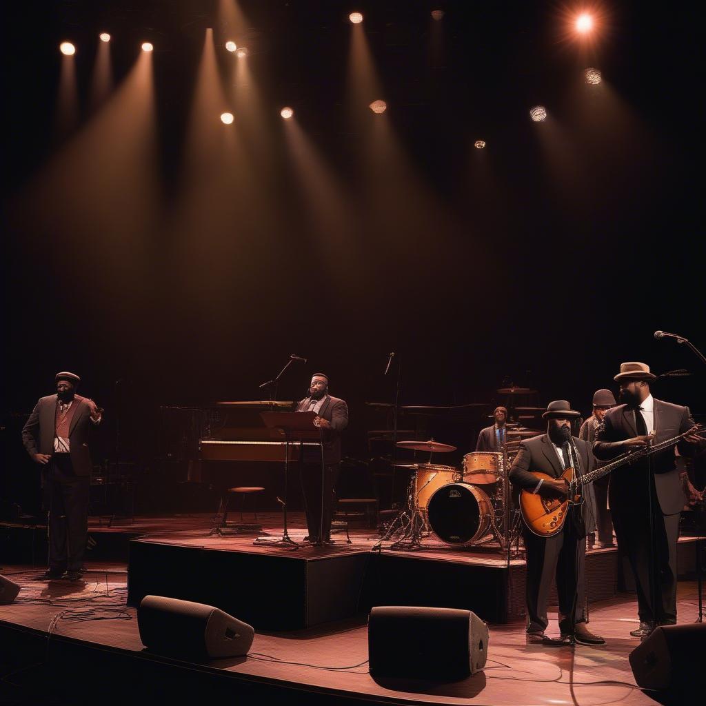 Gregory Porter performing on stage with his band, playing various instruments.