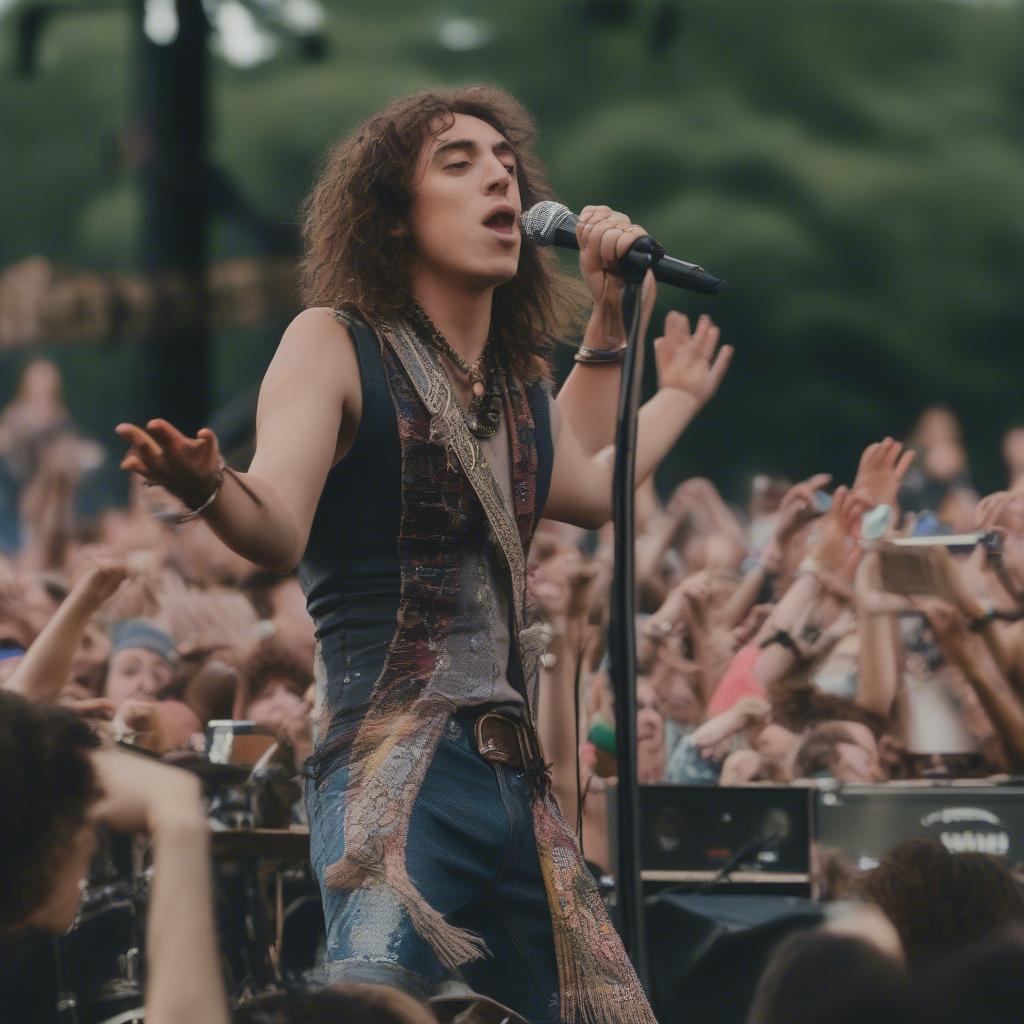 Greta Van Fleet performing at Rock the Garden 2018, with the lead singer captivating the audience.