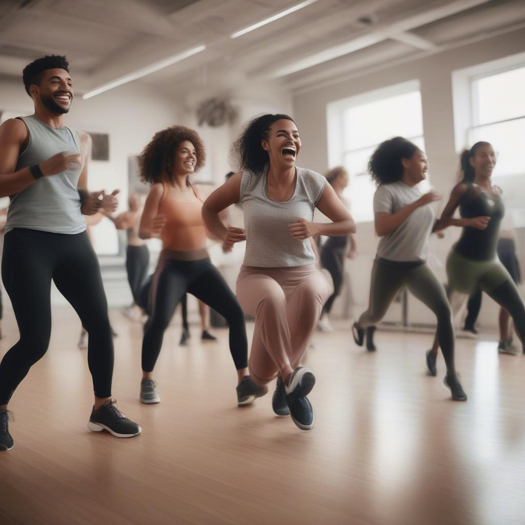 Group fitness class enjoying energetic music