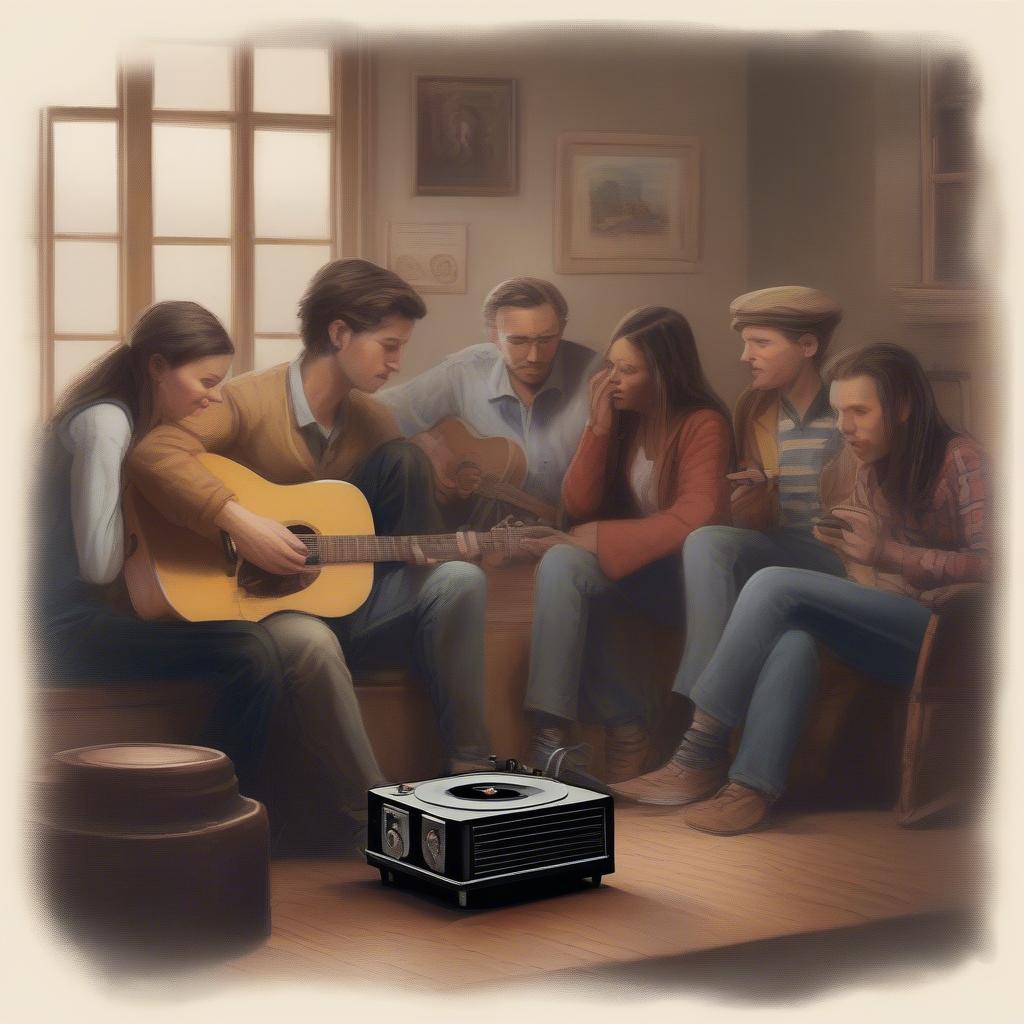 Group of Friends Listening to Folk Music on Vinyl Record Player