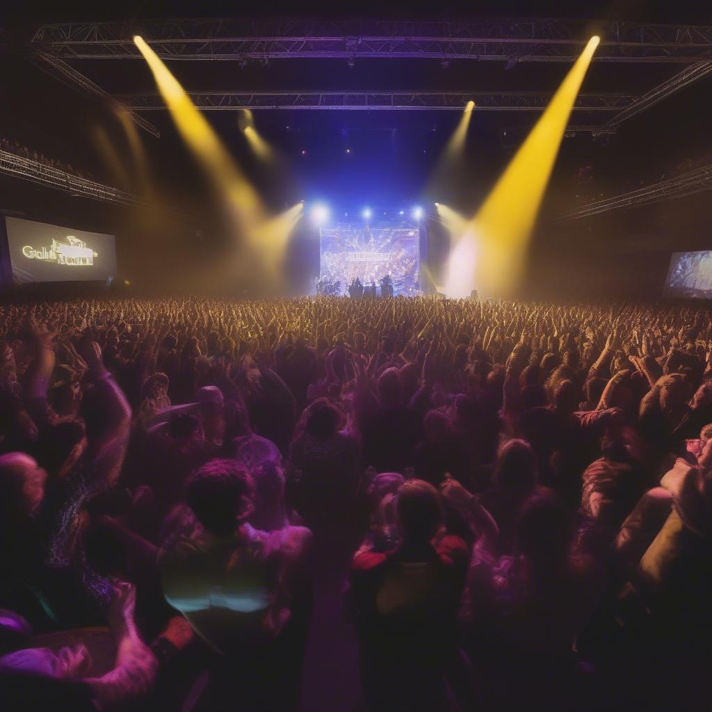 A crowd cheering at a Guitar Hero competition