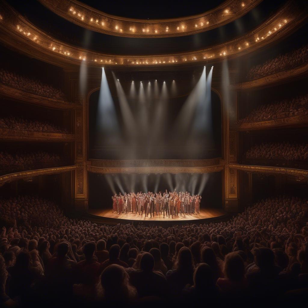 An audience cheering during a Hamilton performance.