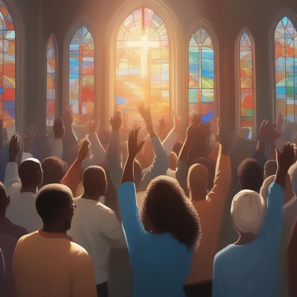 Congregation members with hands raised in worship in a gospel church, light streaming through stained-glass windows