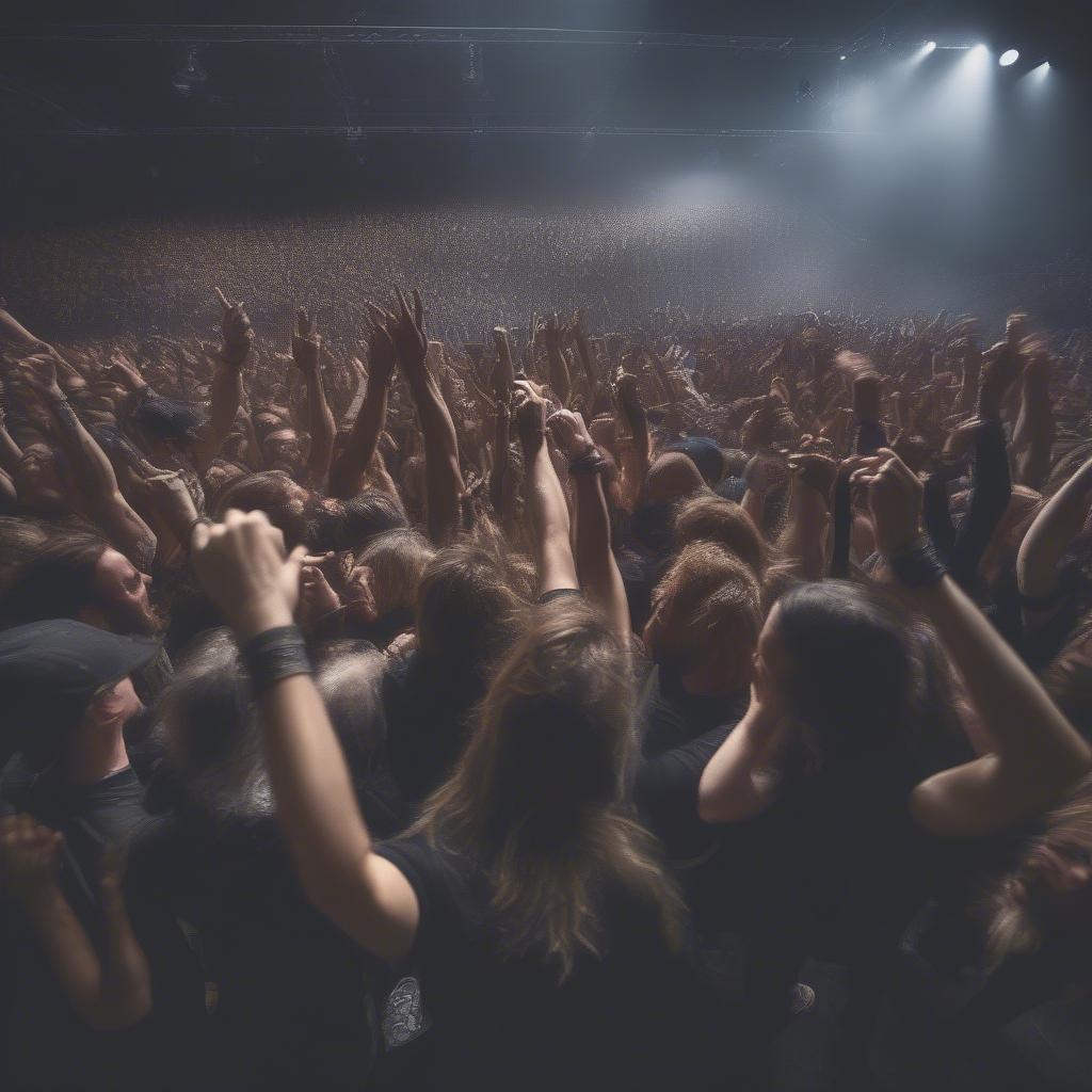 Crowd headbanging at a heavy metal concert, immersed in the energy of the music.