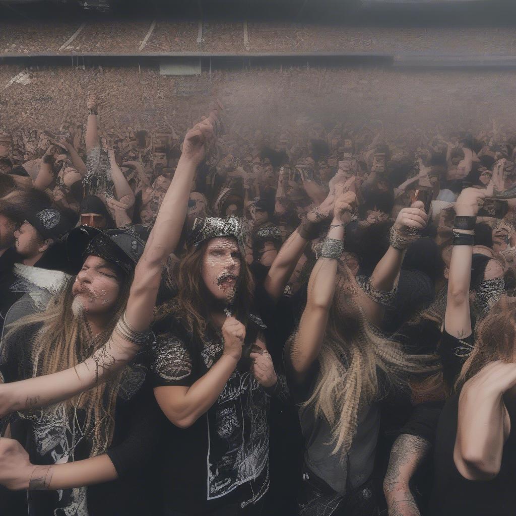 Fans dressed in heavy metal attire at a concert, showcasing various fashion elements like band t-shirts, leather jackets, and accessories.