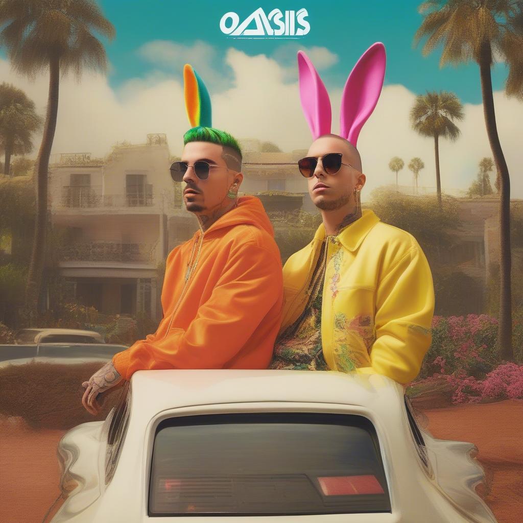 J Balvin and Bad Bunny on the cover of their collaborative album "Oasis," showcasing their individual styles and the collaborative energy of the project.