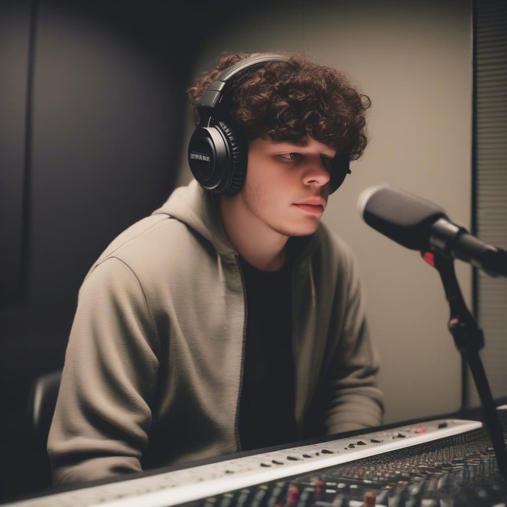 Jack Harlow in a recording studio, wearing headphones and focused on the microphone, demonstrating his dedication to his music.