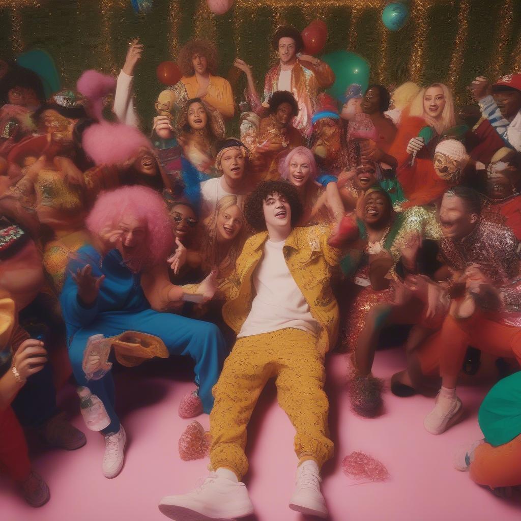 Still from Jack Harlow's "Whats Poppin" music video, featuring him surrounded by friends, showcasing a lively and celebratory atmosphere.