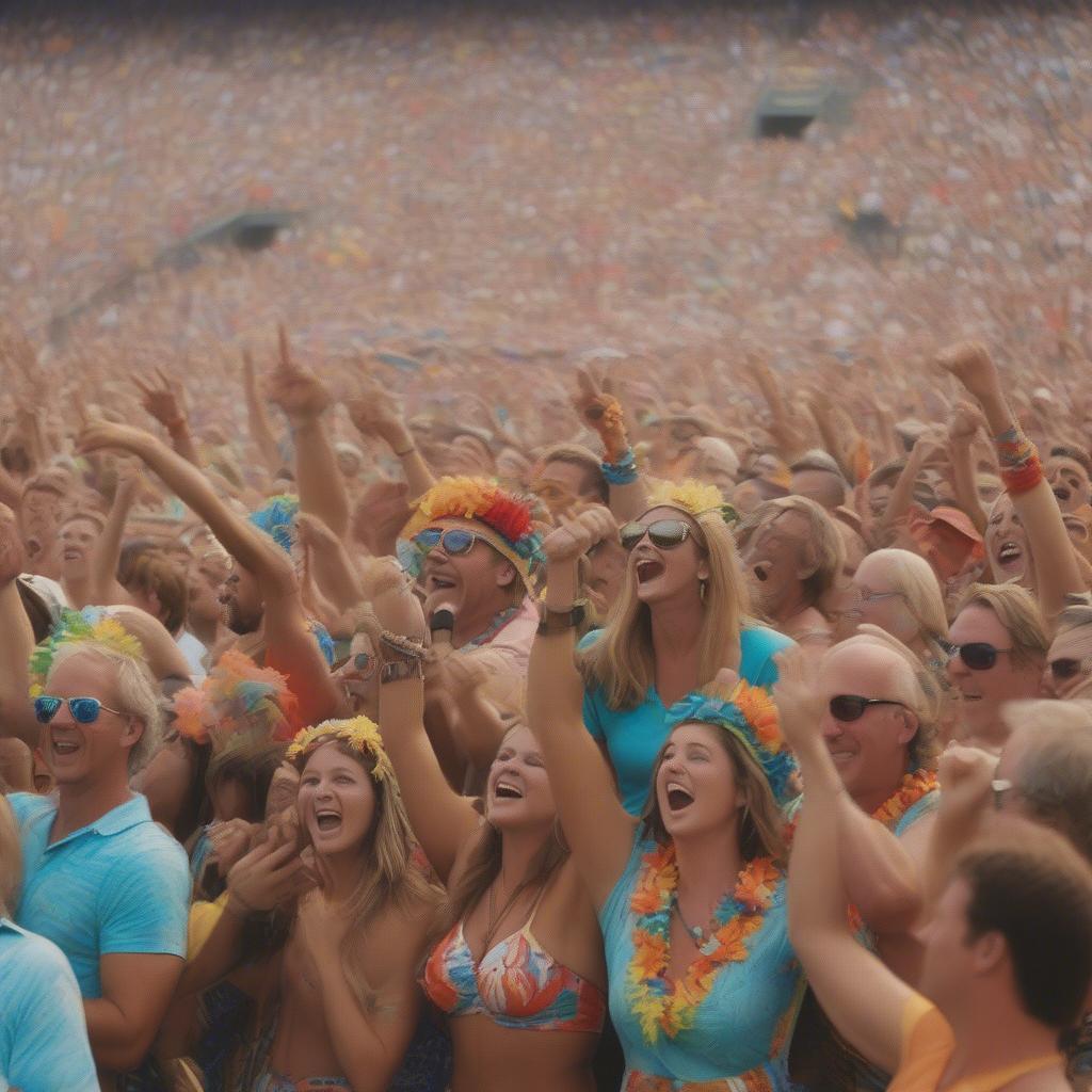 A large crowd of Parrotheads at a Jimmy Buffett concert, wearing Hawaiian shirts and other beach attire.