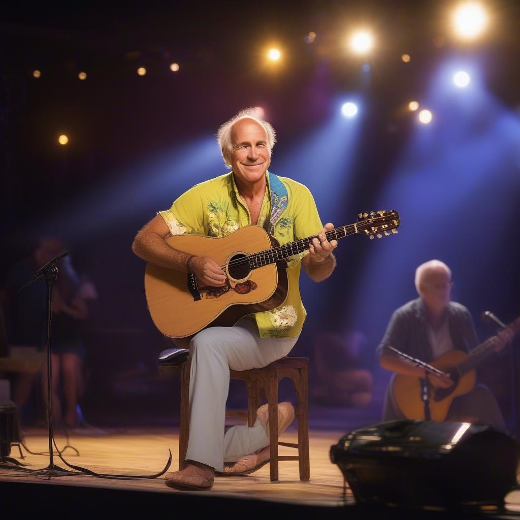 Jimmy Buffett playing his acoustic guitar on a stage, lit by spotlights, with a band in the background.