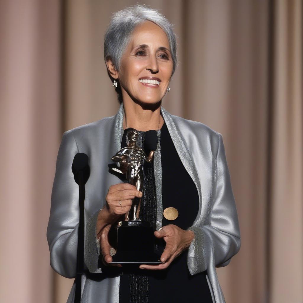 Joan Baez receiving an award for her contributions to music and social activism.