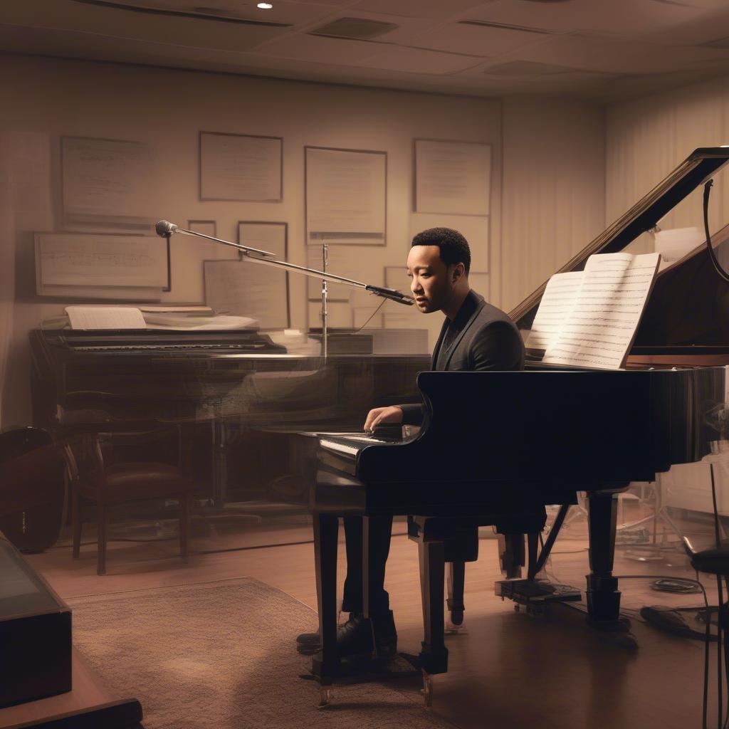 John Legend composing music on a grand piano in a recording studio, surrounded by musical instruments and equipment.