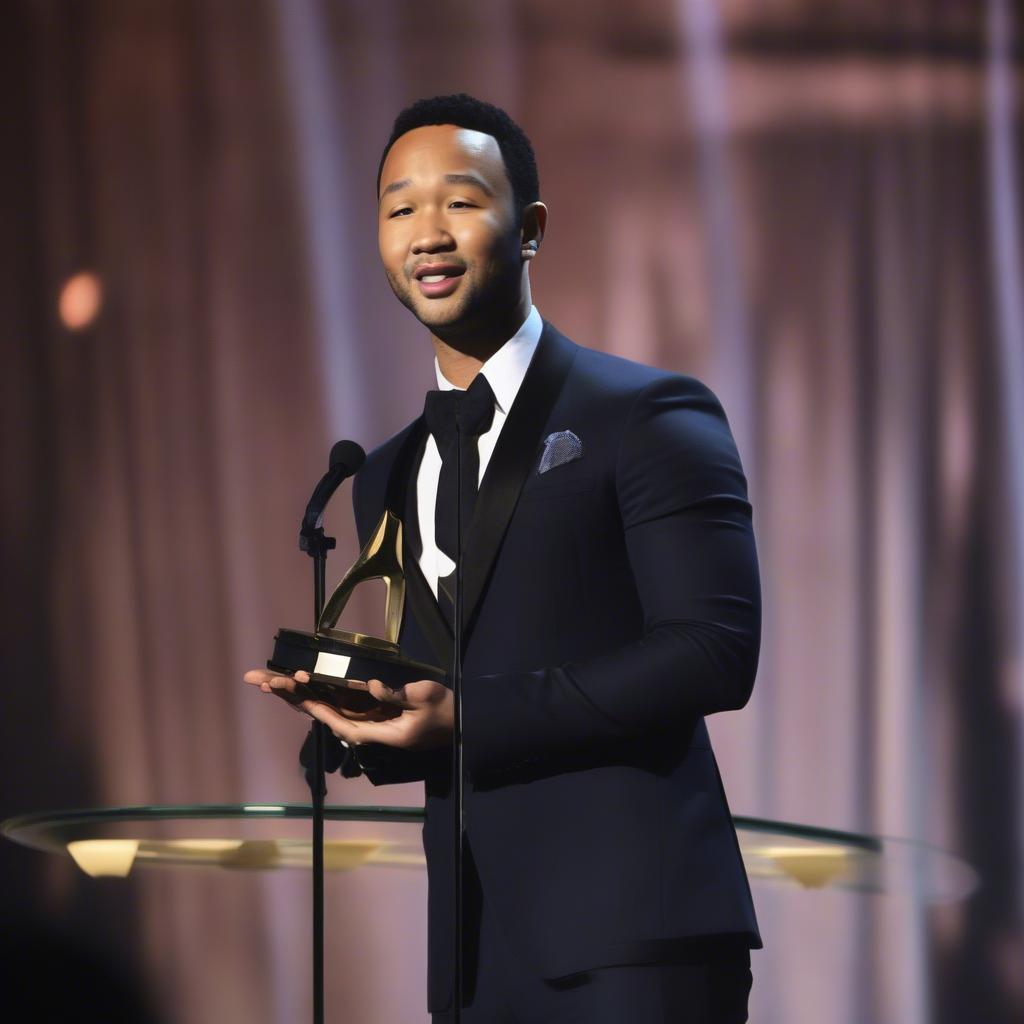 John Legend receiving a prestigious music award on stage, dressed in a formal suit, with a grateful expression on his face.