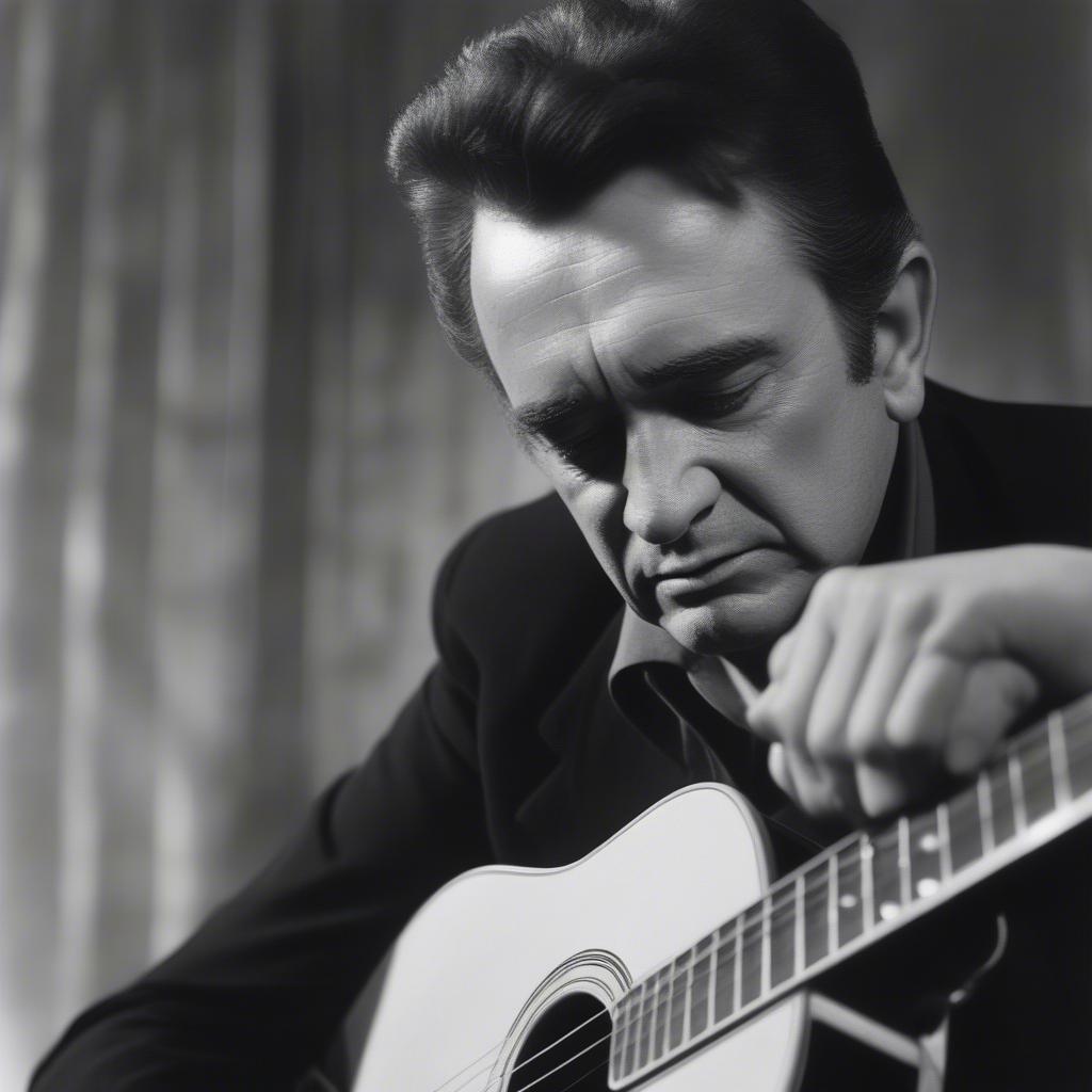 Johnny Cash holding his acoustic guitar