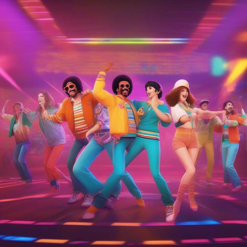 People dressed in retro attire dancing to classic hits on Just Dance.