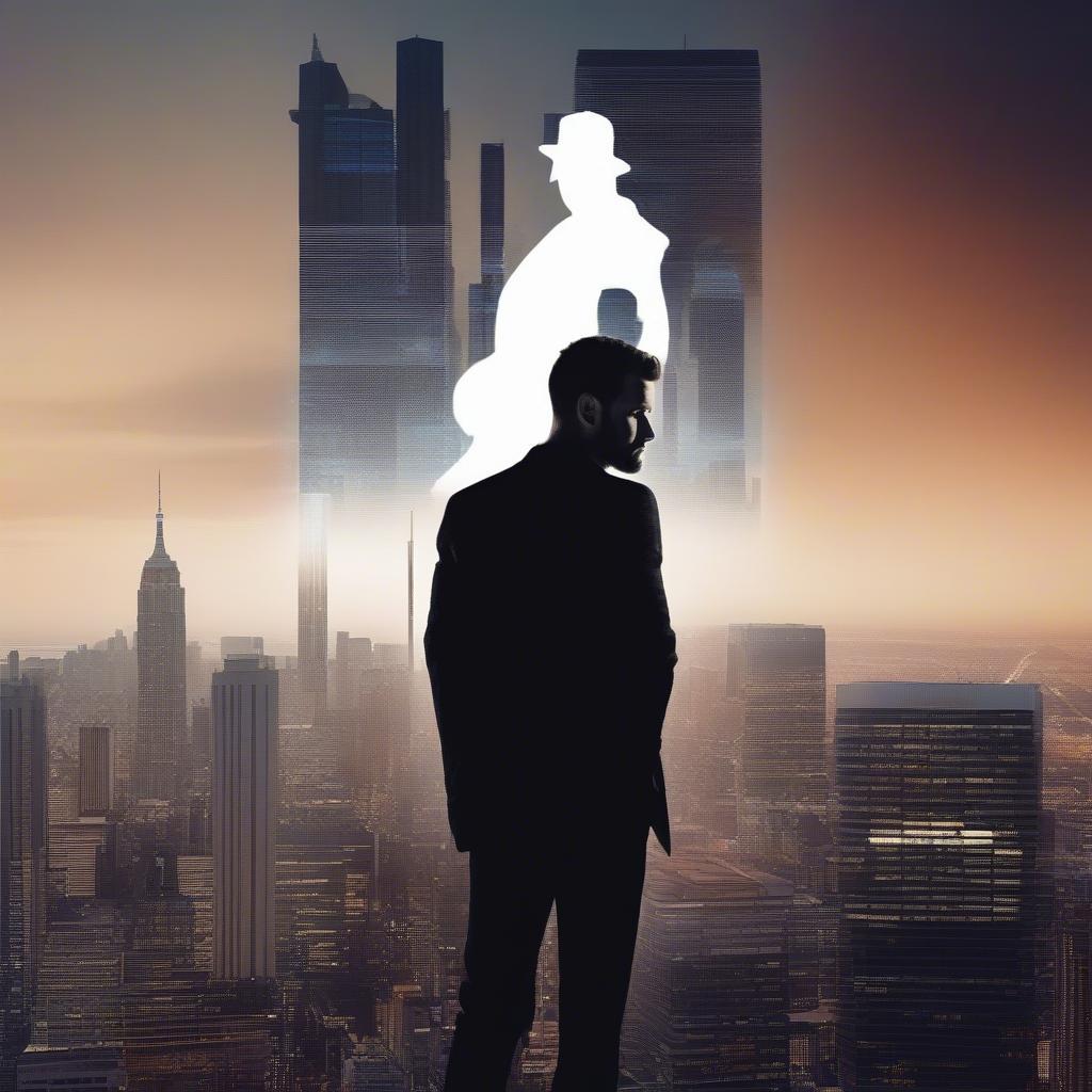 Silhouette of Justin Timberlake looking towards a cityscape at night, symbolizing the future of his music.