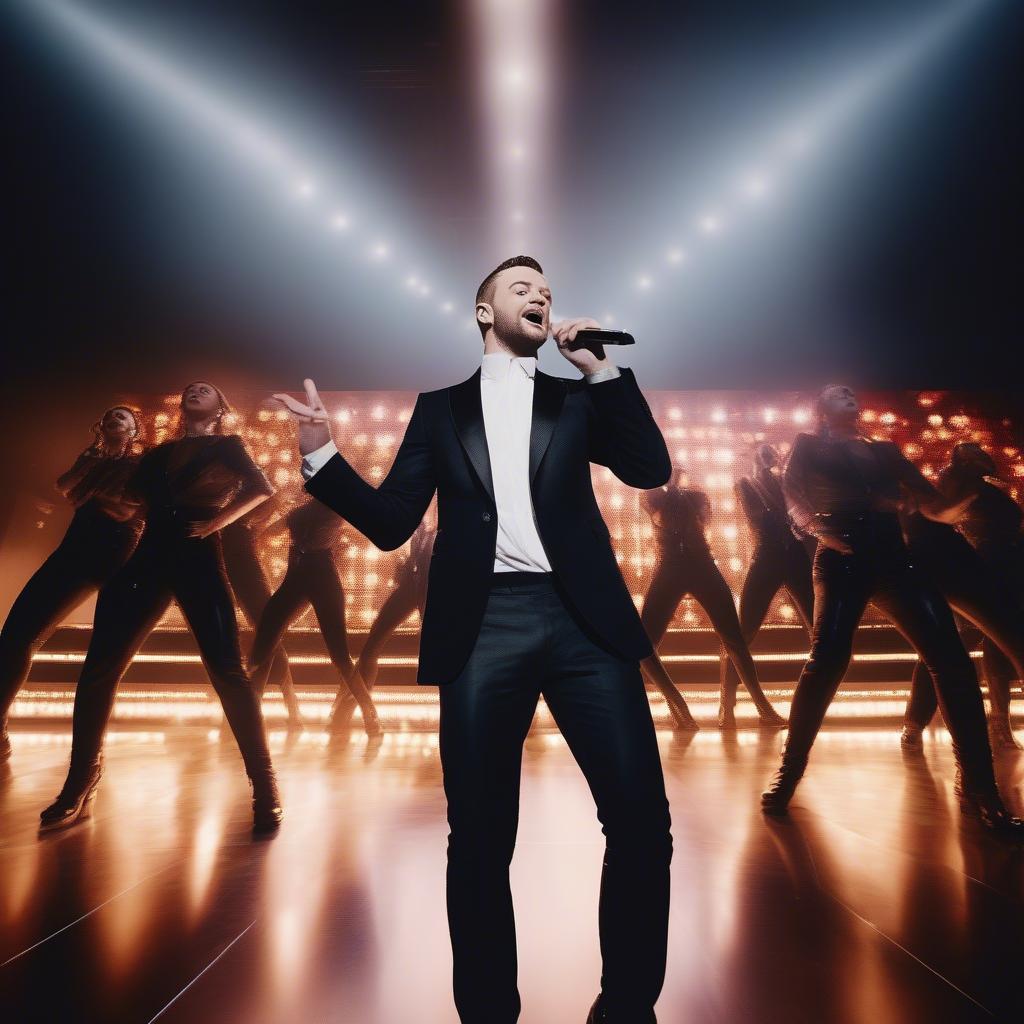 Justin Timberlake passionately performing "Mirrors" live on stage, captivating the audience.